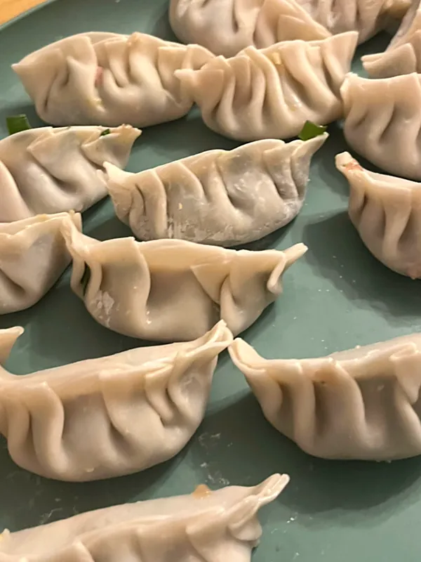 Hand-folded dumplings on a plate, ready to cook
