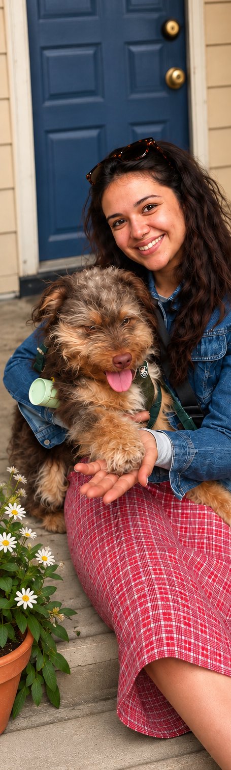 Sabah smiling on her front steps, holding her dog Topo